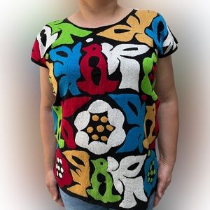 Women's Black Hand embroidered Viscose bohemian blouse top summer (L) NWT